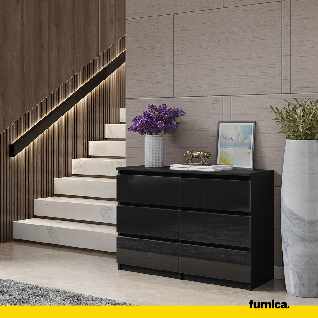 GABRIEL - Chest of 6 Drawers - Bedroom Dresser Storage Cabinet Sideboard - Black Matt / Black Gloss H28" W39 3/8" D13"