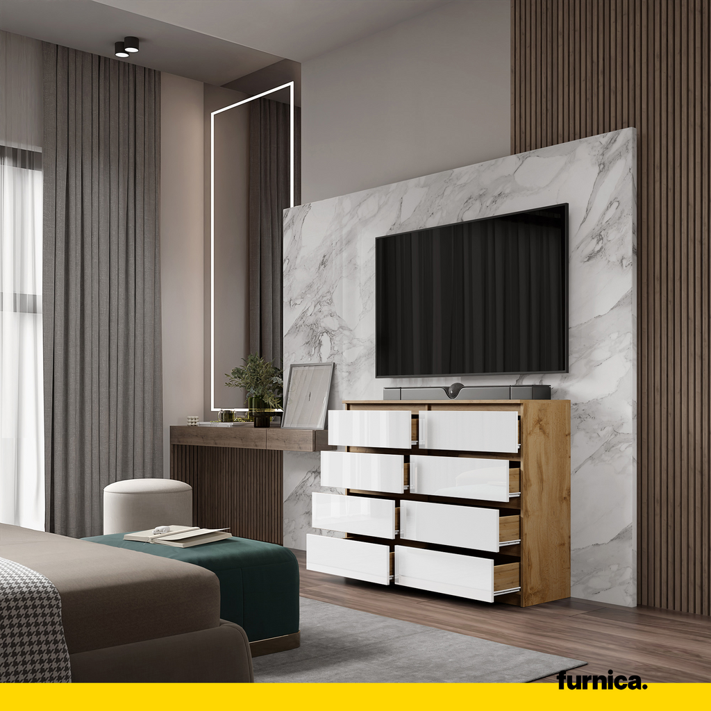 GABRIEL - Chest of 8 Drawers - Bedroom Dresser Storage Cabinet Sideboard - Wotan Oak / White Gloss H36 3/8" W47 1/4" D13 1/4"
