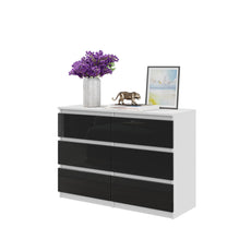 GABRIEL - Chest of 6 Drawers - Bedroom Dresser Storage Cabinet Sideboard - White Matt / Black Gloss H28" W39 3/8" D13"