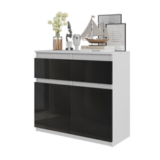 NOAH - Chest of 2 Drawers and 2 Doors - Bedroom Dresser Storage Cabinet Sideboard - White Matt / Black Gloss H29 1/2" W31 1/2" D13 3/4"