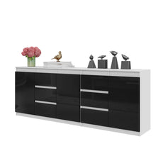 MIKEL - Chest of 6 Drawers and 3 Doors - Bedroom Dresser Storage Cabinet Sideboard - White Matt / Black Gloss H29 1/2" W78 3/4" D13 3/4"