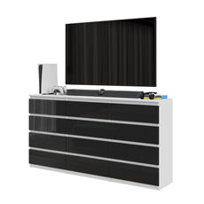 GABRIEL - Chest of 12 Drawers (8+4) - Bedroom Dresser Storage Cabinet Sideboard - White Matt / Black Gloss H36 3/8" W70 7/8" D13 1/4