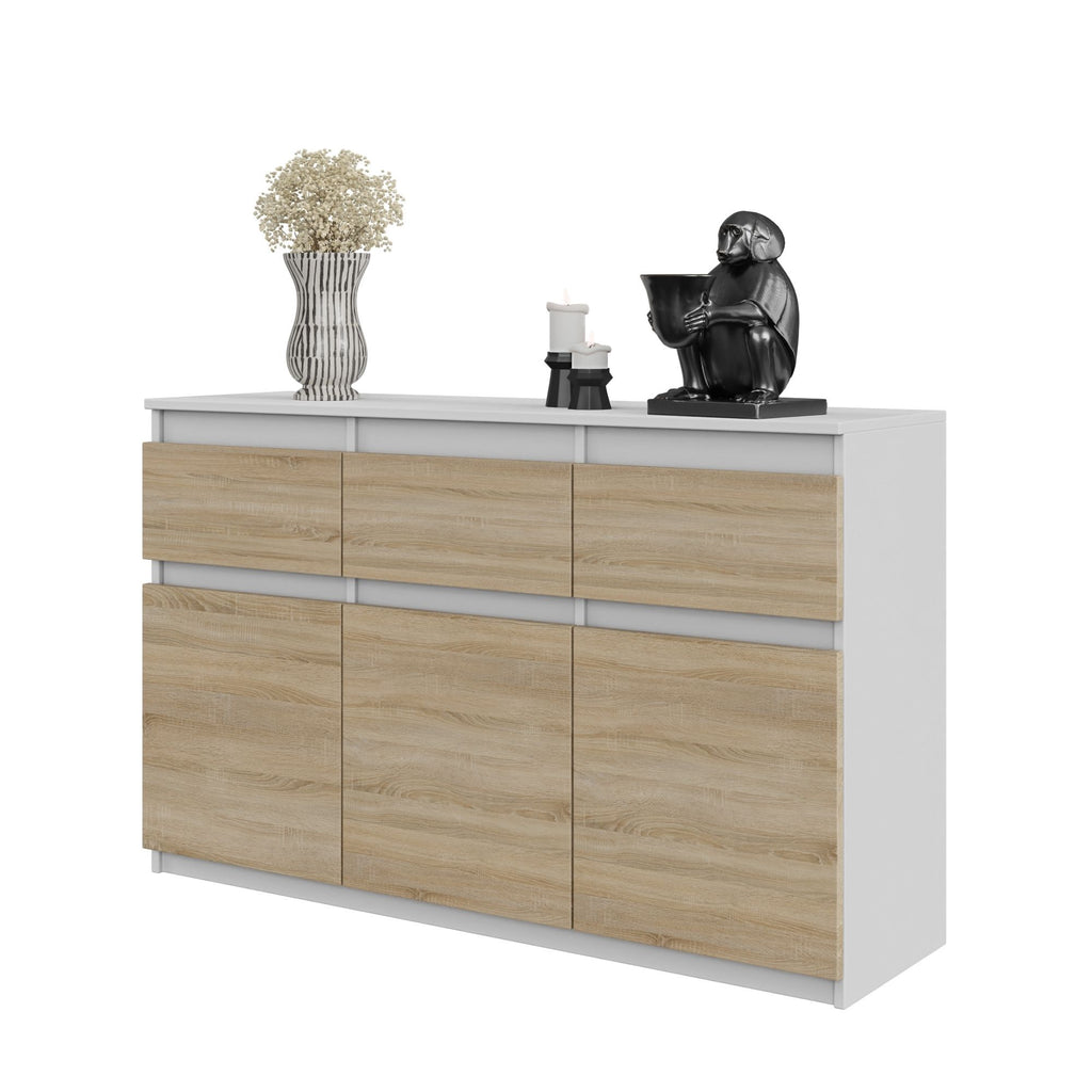 NOAH - Chest of 3 Drawers and 3 Doors - Bedroom Dresser Storage Cabinet Sideboard - White Matt / Sonoma Oak H29 1/2" W47 1/4" D13 3/4"