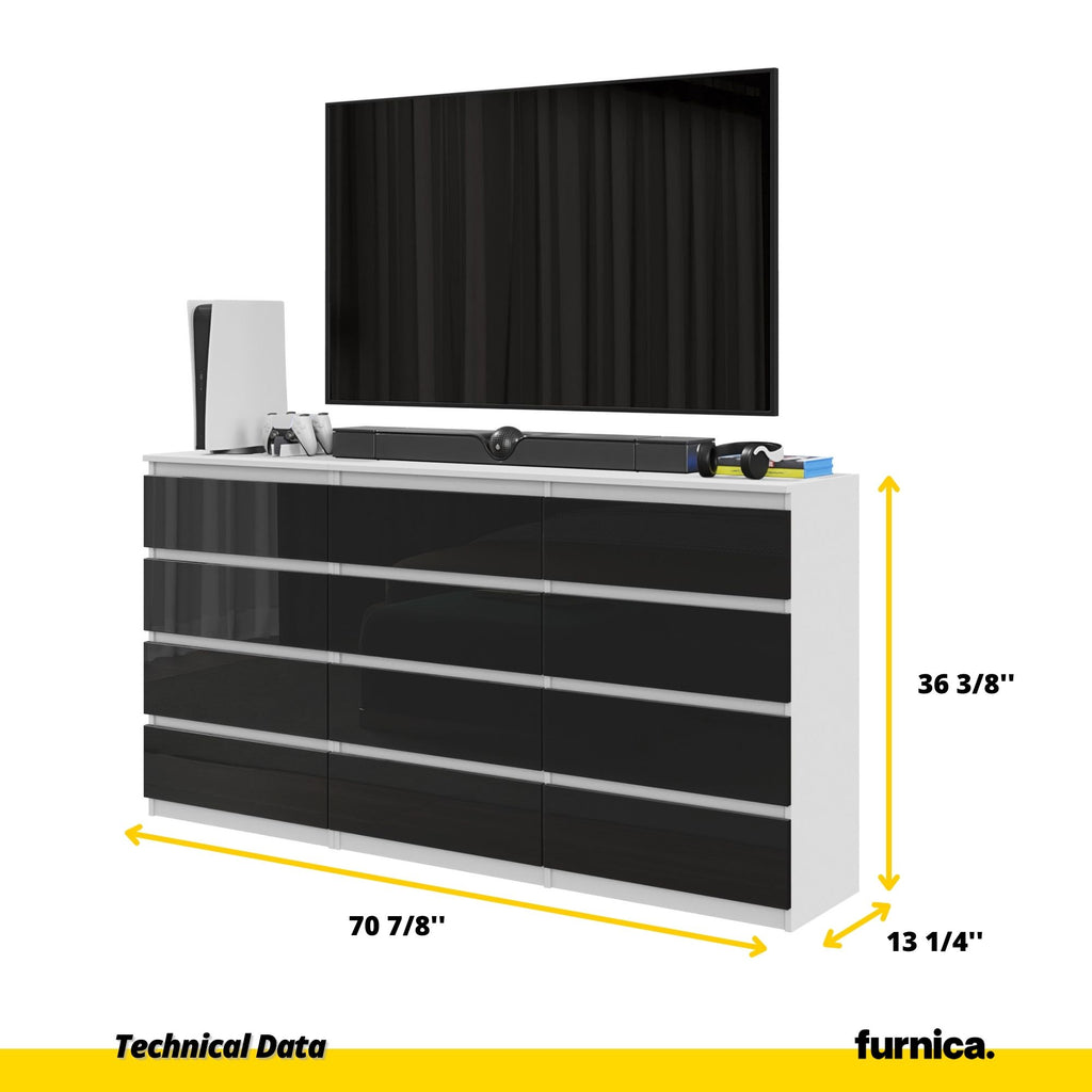 GABRIEL - Chest of 12 Drawers (8+4) - Bedroom Dresser Storage Cabinet Sideboard - White Matt / Black Gloss H36 3/8" W70 7/8" D13 1/4