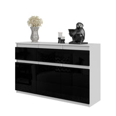 NOAH - Chest of 3 Drawers and 3 Door - Bedroom Dresser Storage Cabinet Sideboard - White Matt / Black Gloss H29 1/2" W47 1/4" D13 3/4"