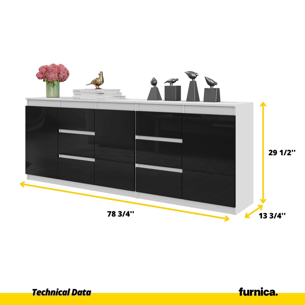 MIKEL - Chest of 6 Drawers and 3 Doors - Bedroom Dresser Storage Cabinet Sideboard - White Matt / Black Gloss H29 1/2" W78 3/4" D13 3/4"