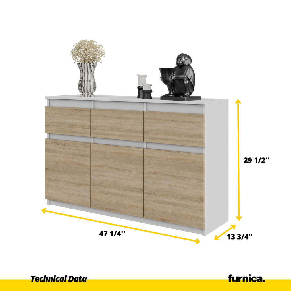 NOAH - Chest of 3 Drawers and 3 Doors - Bedroom Dresser Storage Cabinet Sideboard - White Matt / Sonoma Oak H29 1/2" W47 1/4" D13 3/4"