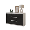 MIKEL - Chest of 3 Drawers and 2 Doors - Bedroom Dresser Storage Cabinet Sideboard - White Matt / Black Gloss H29 1/2" W47 1/4" D13 3/4"