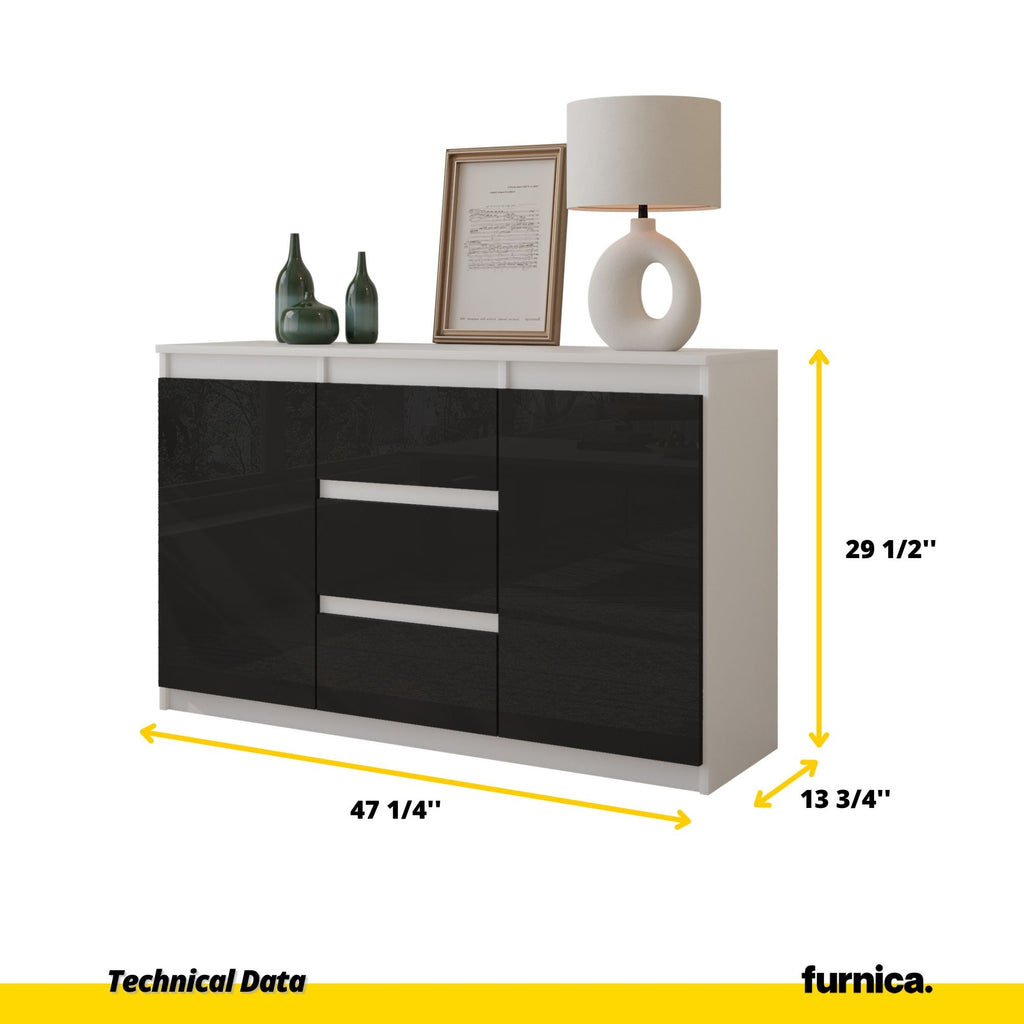 MIKEL - Chest of 3 Drawers and 2 Doors - Bedroom Dresser Storage Cabinet Sideboard - White Matt / Black Gloss H29 1/2" W47 1/4" D13 3/4"