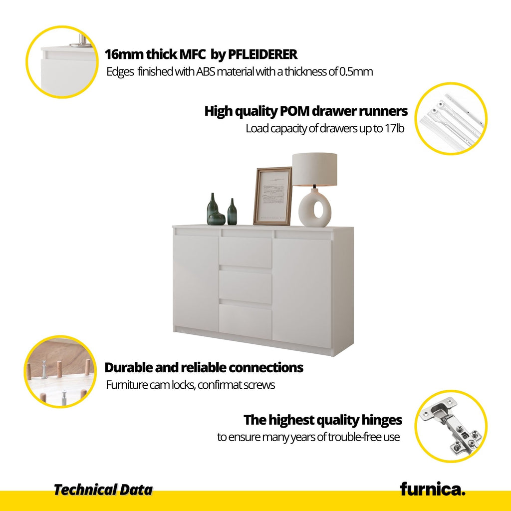 MIKEL - Chest of 3 Drawers and 2 Doors - Bedroom Dresser Storage Cabinet Sideboard - Anthracite / White Gloss H29 1/2" W47 1/4" D13 3/4"