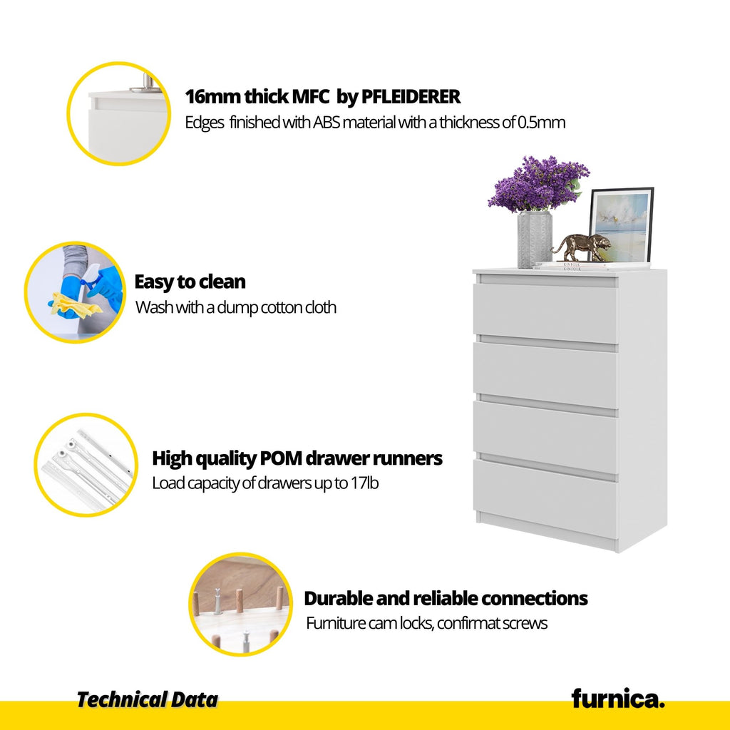 GABRIEL - Chest of 4 Drawers - Bedroom Dresser Storage Cabinet Sideboard - Concrete / White Gloss H36 3/8" W23 5/8" D13 1/4"