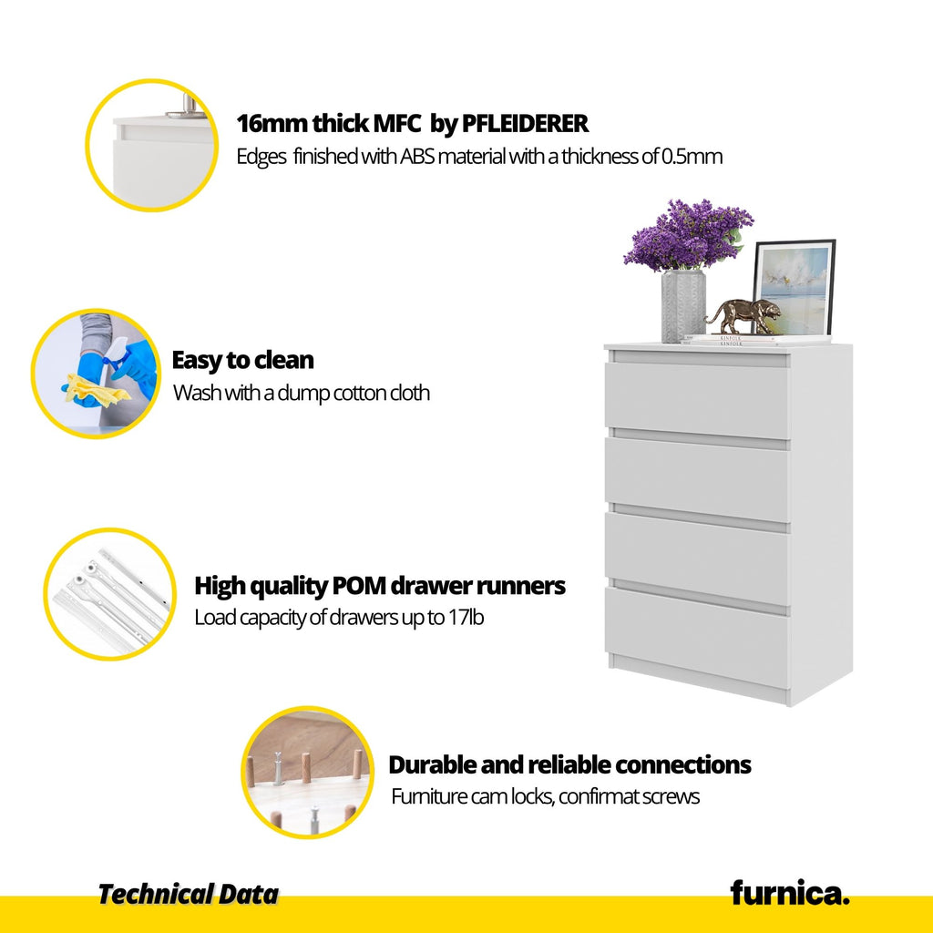 GABRIEL - Chest of 4 Drawers - Bedroom Dresser Storage Cabinet Sideboard - White Matt H36 3/8" W23 5/8" D13 1/4"