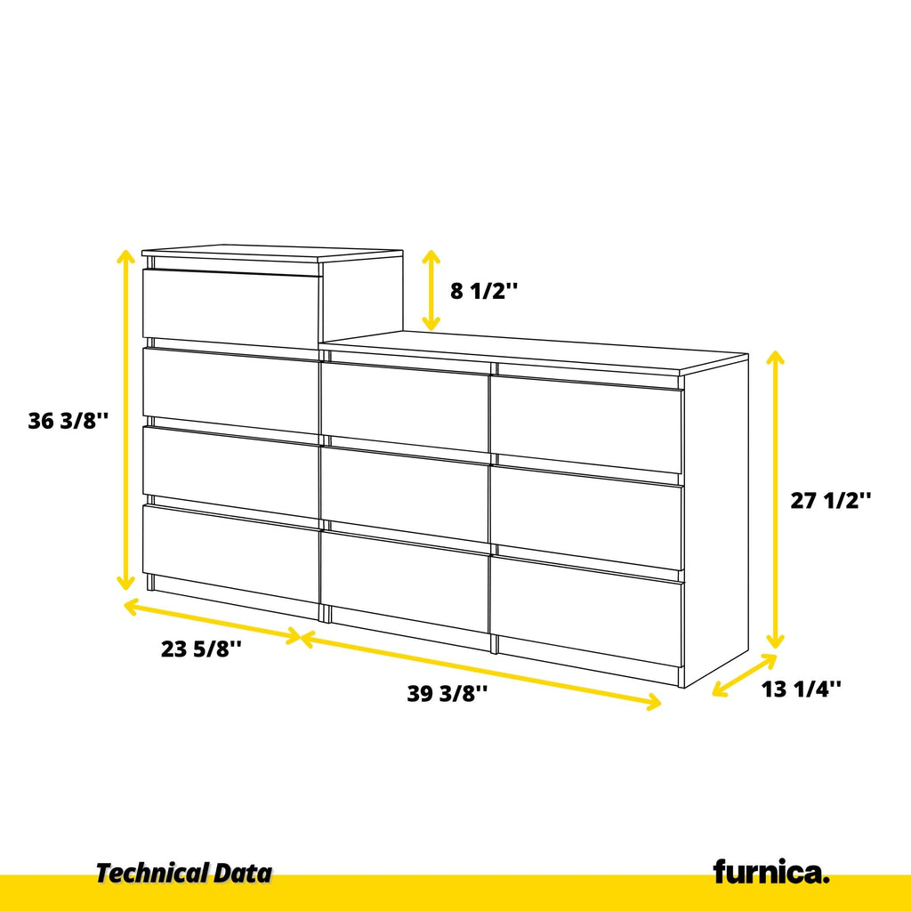 GABRIEL - Chest of 10 Drawers (6+4) - Bedroom Dresser Storage Cabinet Sideboard - Concrete / Black Gloss H36 3/8" / 27 1/2" W63" D13 1/4"