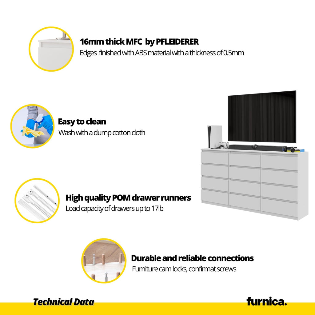 GABRIEL - Chest of 12 Drawers (8+4) - Bedroom Dresser Storage Cabinet Sideboard - White Matt / Black Gloss H36 3/8" W70 7/8" D13 1/4