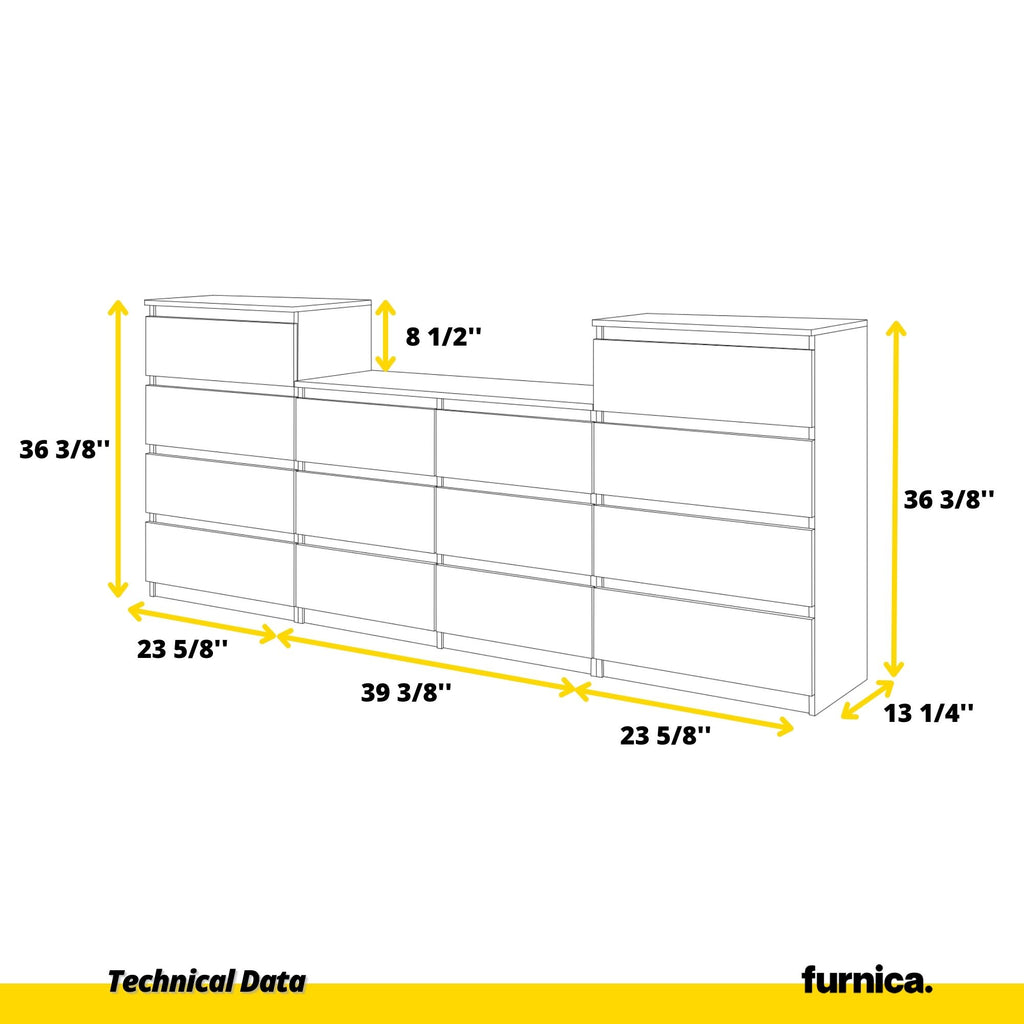 GABRIEL - Chest of 14 Drawers (4+6+4) - Bedroom Dresser Storage Cabinet Sideboard - White Gloss H36 3/8" W86 5/8" D13 1/4"