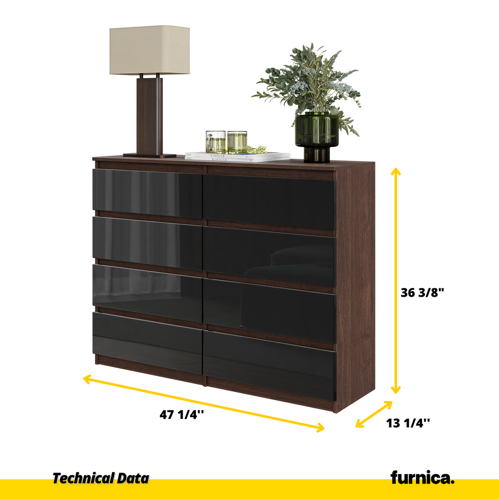 GABRIEL - Chest of 8 Drawers - Bedroom Dresser Storage Cabinet Sideboard - Wenge / Black Gloss H36 3/8" W47 1/4" D13 1/4"