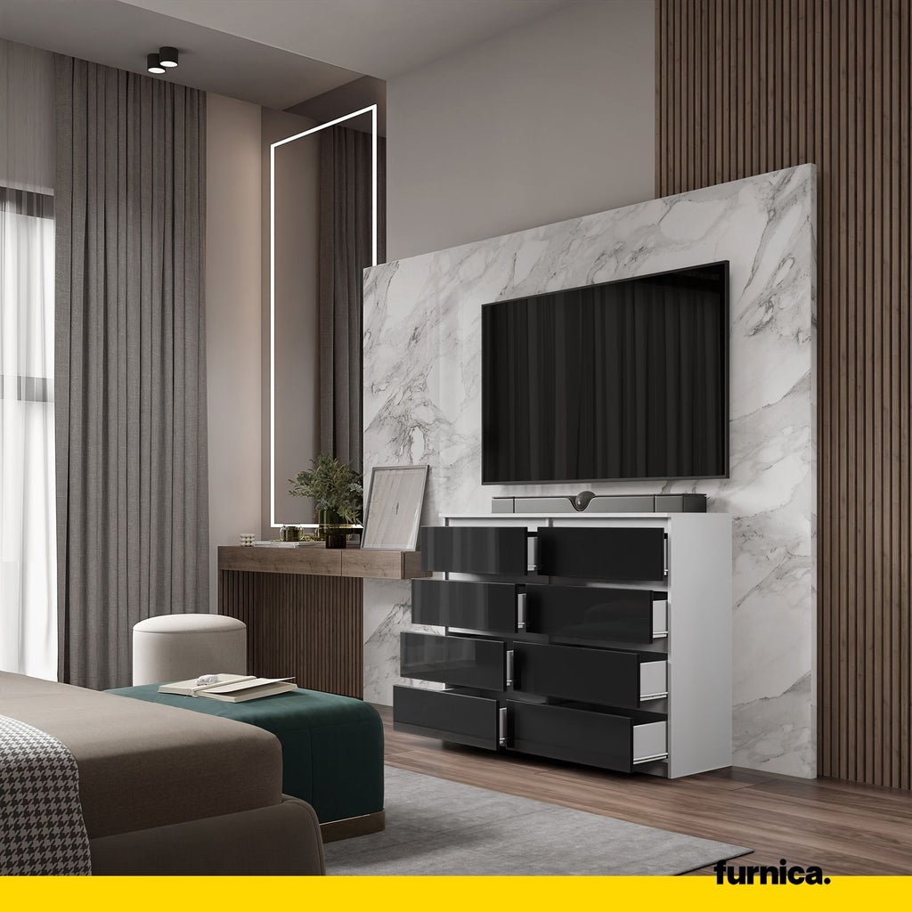 GABRIEL - Chest of 8 Drawers - Bedroom Dresser Storage Cabinet Sideboard - White Matt / Black Gloss H36 3/8" W47 1/4" D13 1/4"