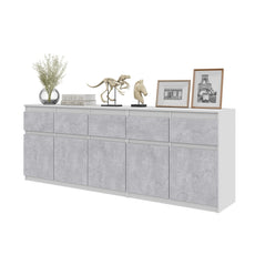 NOAH - Chest of 5 Drawers and 5 Doors - Bedroom Dresser Storage Cabinet Sideboard - White Matt / Concrete H29 1/2" W78 3/4" D13 3/4"