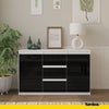 MIKEL - Chest of 3 Drawers and 2 Doors - Bedroom Dresser Storage Cabinet Sideboard - White Matt / Black Gloss H29 1/2" W47 1/4" D13 3/4"