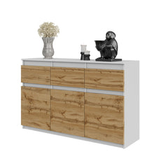 NOAH - Chest of 3 Drawers and 3 Doors - Bedroom Dresser Storage Cabinet Sideboard - White Matt / Wotan Oak H29 1/2" W47 1/4" D13 3/4"