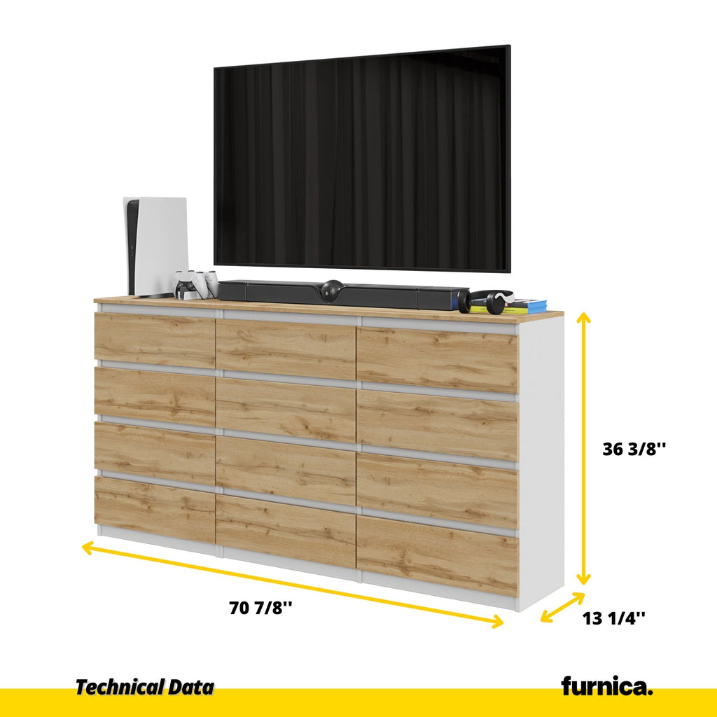 GABRIEL - Chest of 12 Drawers (8+4) - Bedroom Dresser Storage Cabinet Sideboard - White Matt / Wotan Oak H36 3/8" W70 7/8" D13 1/4