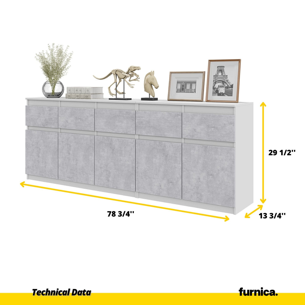 NOAH - Chest of 5 Drawers and 5 Doors - Bedroom Dresser Storage Cabinet Sideboard - White Matt / Concrete H29 1/2" W78 3/4" D13 3/4"