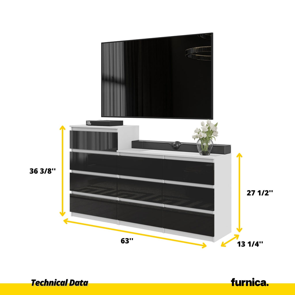 GABRIEL - Chest of 10 Drawers (6+4) - Bedroom Dresser Storage Cabinet Sideboard - White Matt / Black Gloss H36 3/8" / 27 1/2" W63" D13 1/4"