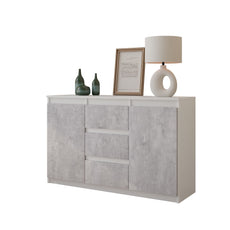 MIKEL - Chest of 3 Drawers and 2 Doors - Bedroom Dresser Storage Cabinet Sideboard - White Matt / Concrete H29 1/2" W47 1/4" D13 3/4"