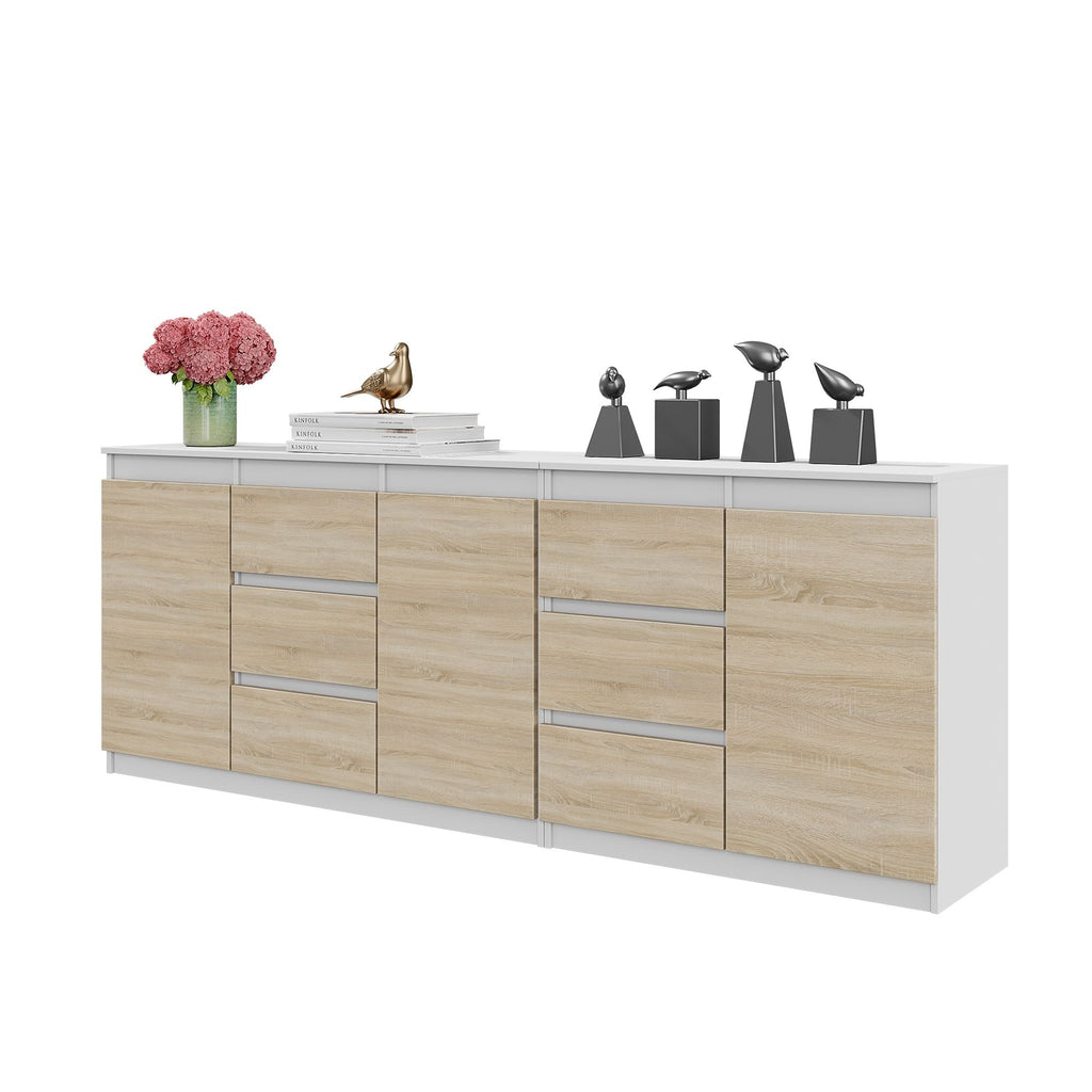 MIKEL - Chest of 6 Drawers and 3 Doors - Bedroom Dresser Storage Cabinet Sideboard - White Matt / Sonoma Oak H29 1/2" W78 3/4" D13 3/4"