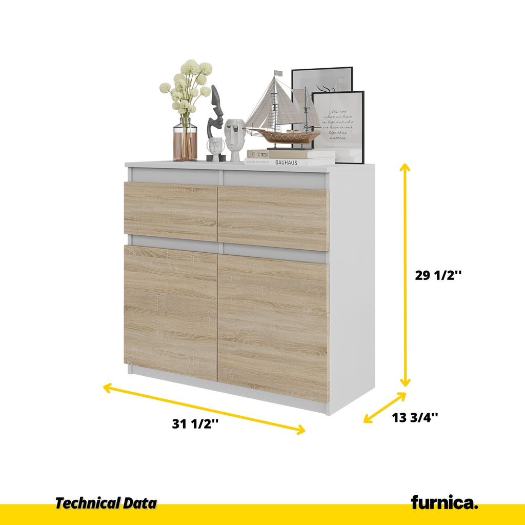 NOAH - Chest of 2 Drawers and 2 Doors - Bedroom Dresser Storage Cabinet Sideboard - White Matt / Sonoma Oak H29 1/2" W31 1/2" D13 3/4"