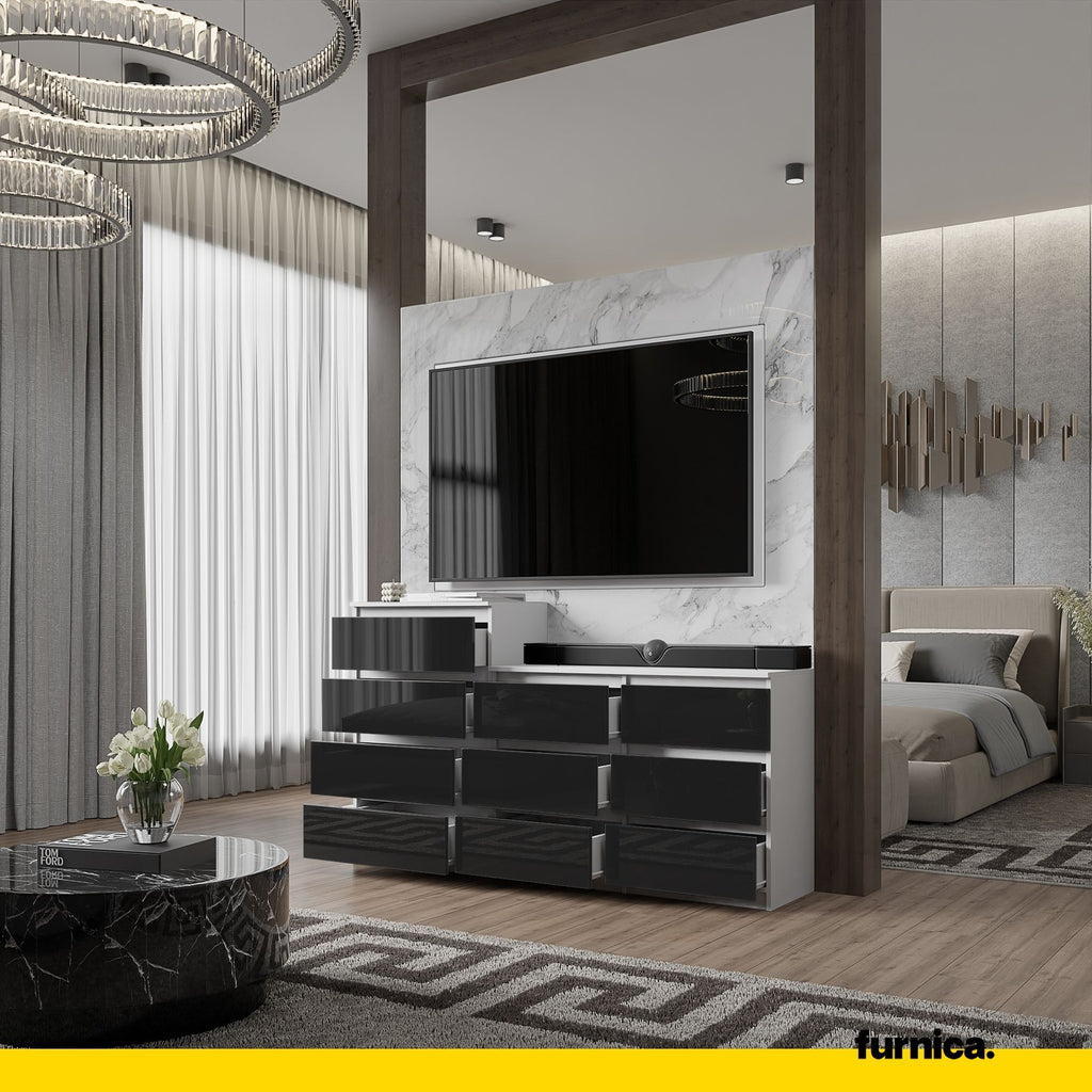 GABRIEL - Chest of 10 Drawers (6+4) - Bedroom Dresser Storage Cabinet Sideboard - White Matt / Black Gloss H36 3/8" / 27 1/2" W63" D13 1/4"