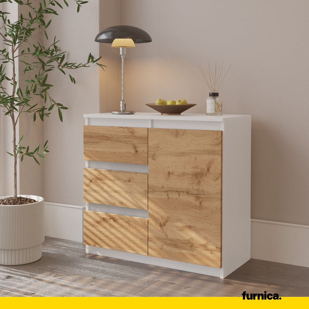 MIKEL - Chest of 3 Drawers and 1 Door - Bedroom Dresser Storage Cabinet Sideboard - White Matt / Wotan Oak H29 1/2" W31 1/2" D13 3/4"