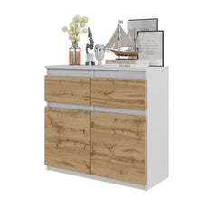 NOAH - Chest of 2 Drawers and 2 Doors - Bedroom Dresser Storage Cabinet Sideboard - White Matt / Wotan Oak H29 1/2" W31 1/2" D13 3/4"