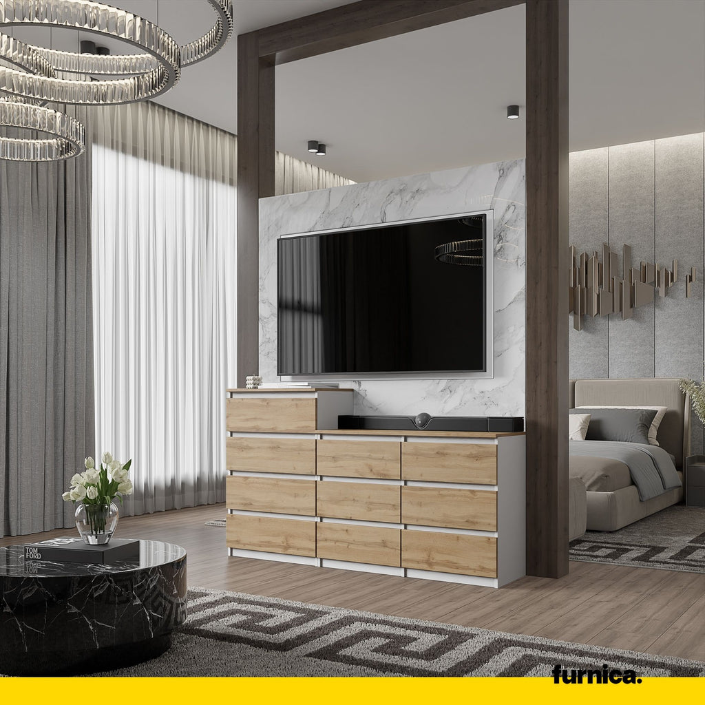 GABRIEL - Chest of 10 Drawers (6+4) - Bedroom Dresser Storage Cabinet Sideboard - White Matt / Wotan Oak H36 3/8" / 27 1/2" W63" D13 1/4"