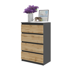 GABRIEL - Chest of 4 Drawers - Bedroom Dresser Storage Cabinet Sideboard - Anthracite / Wotan Oak H36 3/8" W23 5/8" D13 1/4"