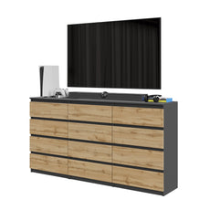 GABRIEL - Chest of 12 Drawers (8+4) - Bedroom Dresser Storage Cabinet Sideboard - Anthracite / Wotan Oak H36 3/8" W70 7/8" D13 1/4
