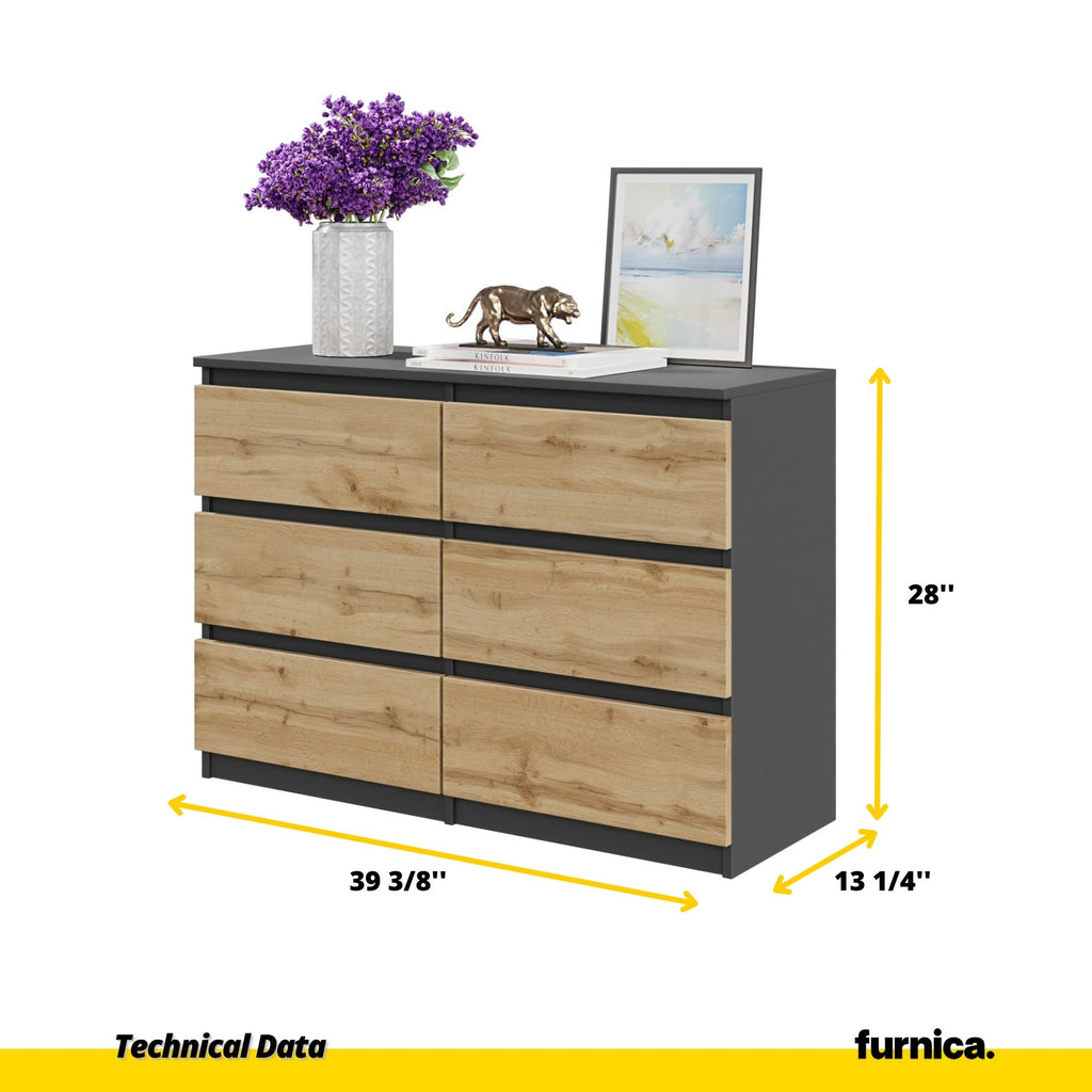 GABRIEL - Chest of 6 Drawers - Bedroom Dresser Storage Cabinet Sideboard - Anthracite / Wotan Oak H28" W39 3/8" D13"