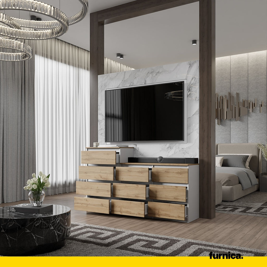 GABRIEL - Chest of 10 Drawers (6+4) - Bedroom Dresser Storage Cabinet Sideboard - White Matt / Wotan Oak H36 3/8" / 27 1/2" W63" D13 1/4"