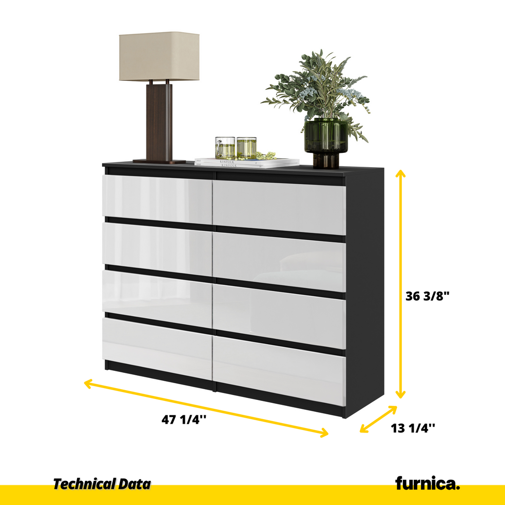 GABRIEL - Chest of 8 Drawers - Bedroom Dresser Storage Cabinet Sideboard - Black Matt / White Gloss H36 3/8" W47 1/4" D13 1/4"