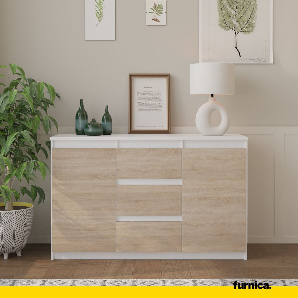 MIKEL - Chest of 3 Drawers and 2 Doors - Bedroom Dresser Storage Cabinet Sideboard - White Matt / Sonoma Oak H29 1/2" W47 1/4" D13 3/4"