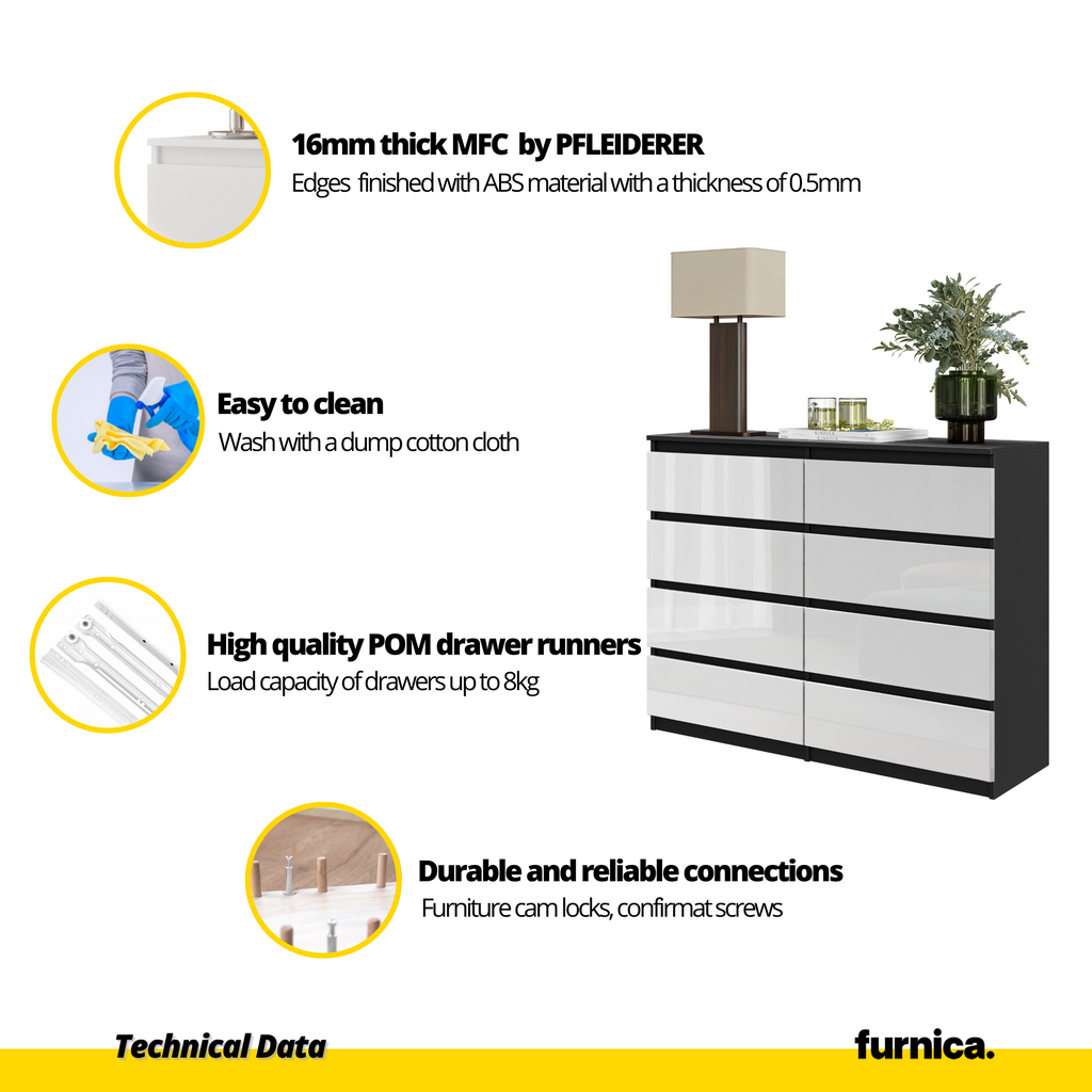 GABRIEL - Chest of 8 Drawers - Bedroom Dresser Storage Cabinet Sideboard - Black Matt / White Gloss H36 3/8" W47 1/4" D13 1/4"