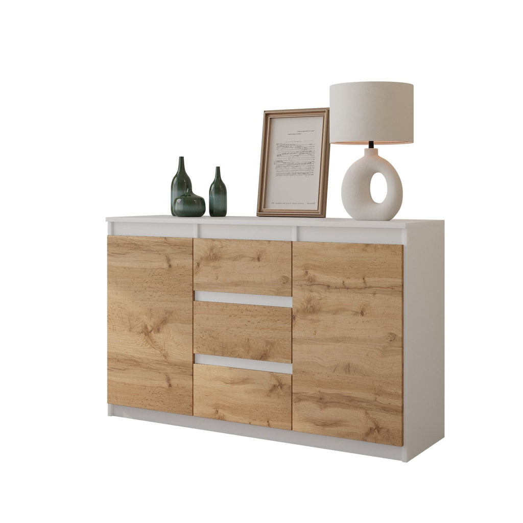MIKEL - Chest of 3 Drawers and 2 Doors - Bedroom Dresser Storage Cabinet Sideboard - White Matt / Wotan Oak H29 1/2" W47 1/4" D13 3/4"