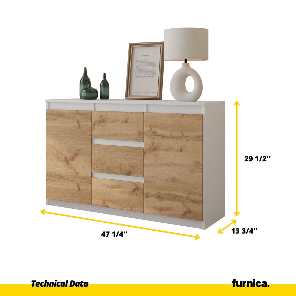 MIKEL - Chest of 3 Drawers and 2 Doors - Bedroom Dresser Storage Cabinet Sideboard - White Matt / Wotan Oak H29 1/2" W47 1/4" D13 3/4"