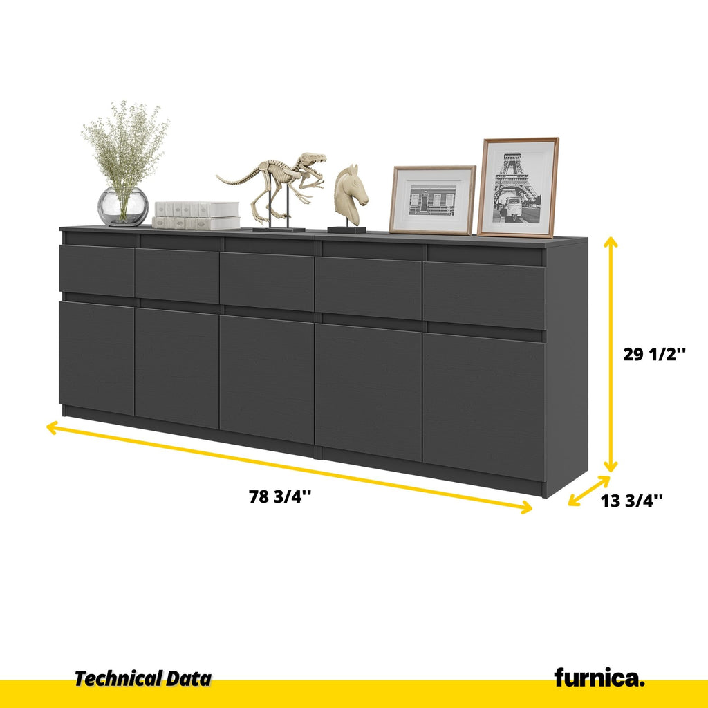 NOAH - Chest of 5 Drawers and 5 Doors - Bedroom Dresser Storage Cabinet Sideboard - Anthracite H29 1/2" W78 3/4" D13 3/4"