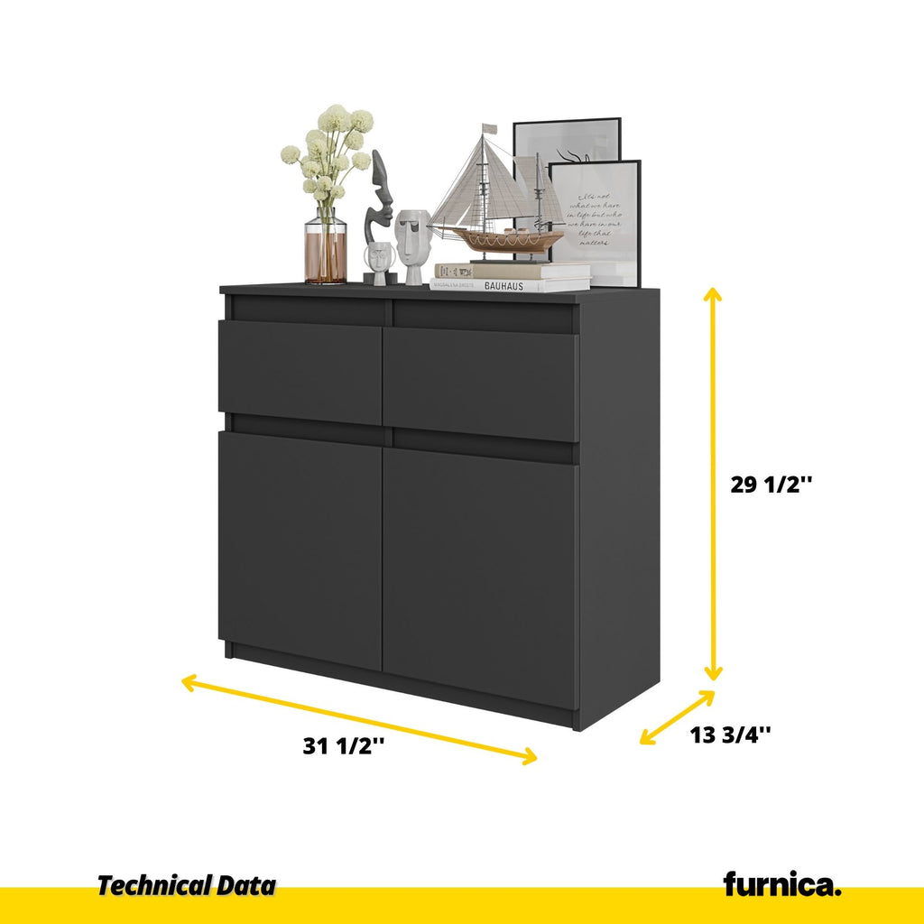 NOAH - Chest of 2 Drawers and 2 Doors - Bedroom Dresser Storage Cabinet Sideboard - Anthracite H29 1/2" W31 1/2" D13 3/4"