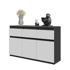 NOAH - Chest of 3 Drawers and 3 Doors - Bedroom Dresser Storage Cabinet Sideboard - Anthracite / White Matt H29 1/2" W47 1/4" D13 3/4"