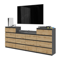 GABRIEL - Chest of 14 Drawers (4+6+4) - Bedroom Dresser Storage Cabinet Sideboard - Anthracite / Wotan Oak H36 3/8" W86 5/8" D13 1/4"