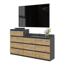 GABRIEL - Chest of 10 Drawers (6+4) - Bedroom Dresser Storage Cabinet Sideboard - Anthracite / Wotan Oak H36 3/8" / 27 1/2" W63" D13 1/4"