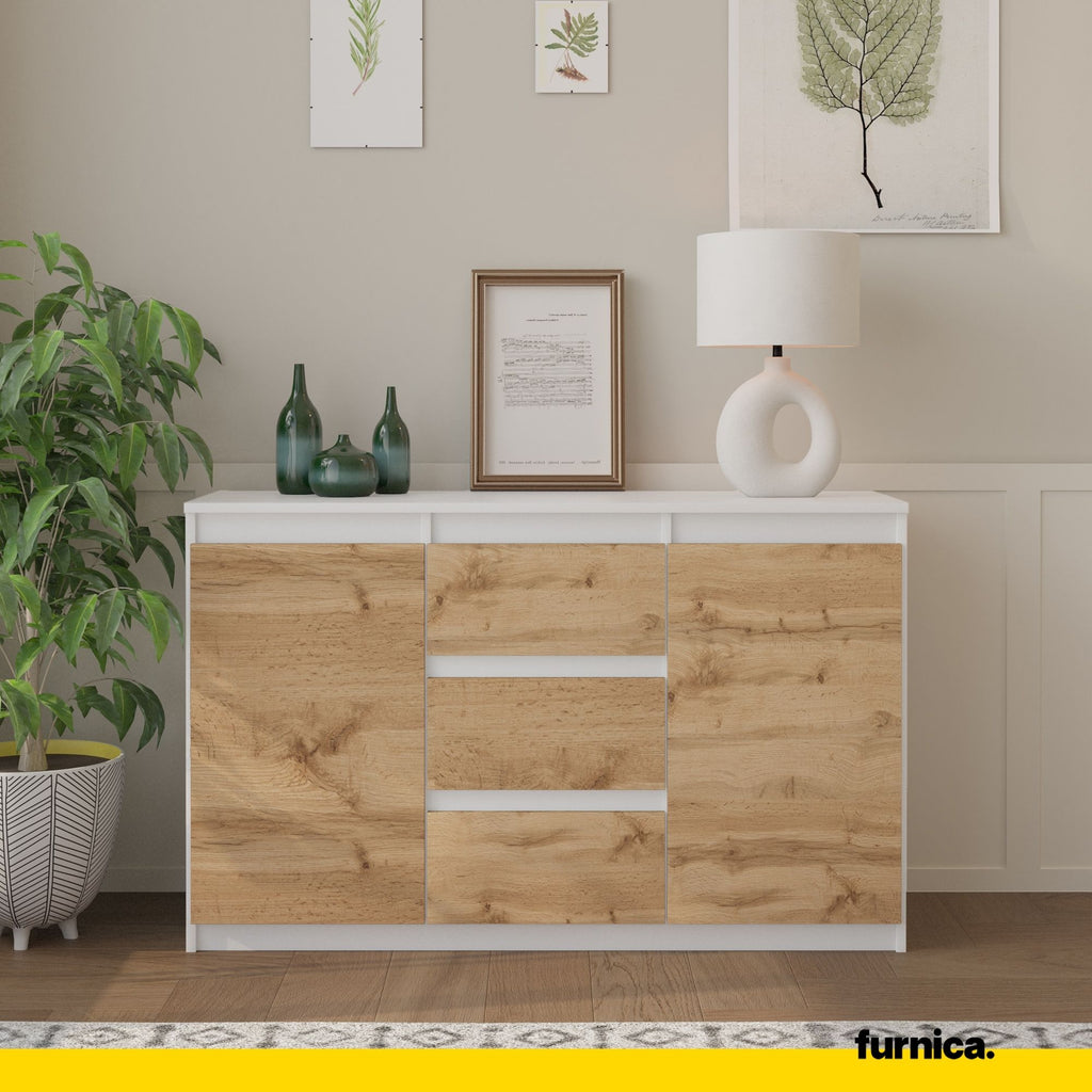 MIKEL - Chest of 3 Drawers and 2 Doors - Bedroom Dresser Storage Cabinet Sideboard - White Matt / Wotan Oak H29 1/2" W47 1/4" D13 3/4"