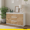 MIKEL - Chest of 3 Drawers and 2 Doors - Bedroom Dresser Storage Cabinet Sideboard - White Matt / Wotan Oak H29 1/2" W47 1/4" D13 3/4"